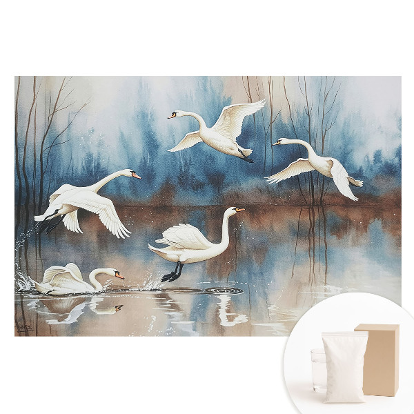 Fotografická tapeta na netkanej textílii Labute na jazere v hmlistom lese