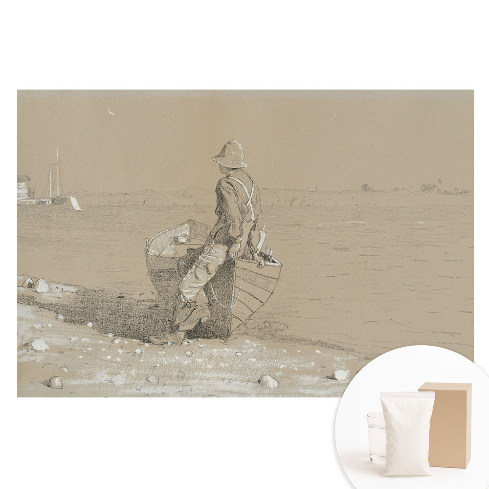 Fototapeta na netkanej textílii Muž s loďkou na pláži
