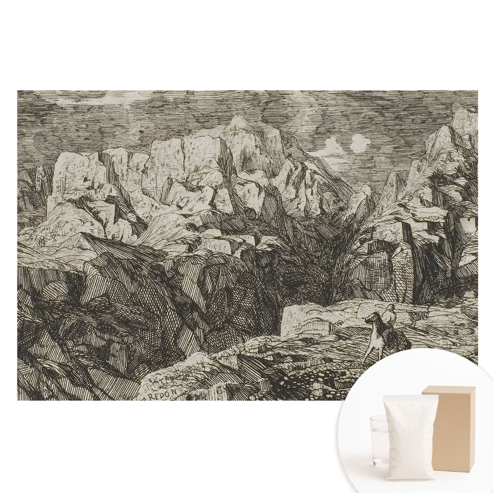 Netkaná fotografická tapeta Klasická grafika, drsné skaly, figúrka s oslom