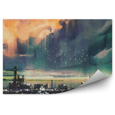 Fototapeta na stenu Mesto sci-fi jazero farebná obloha vtáky