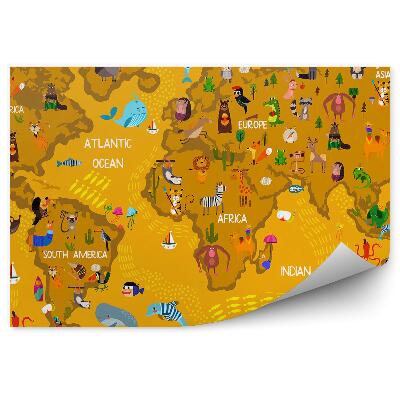 Fototapeta na stenu Hnedá mapa sveta pre deti názvy zvierat