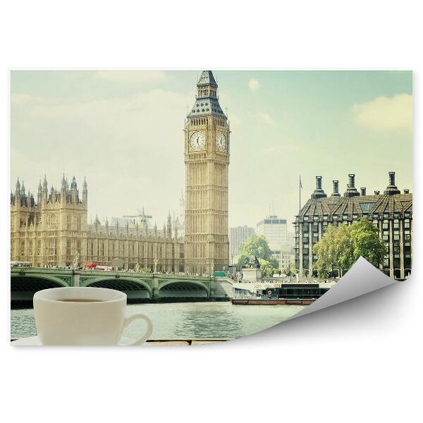 Fototapeta na stenu Šálka kávy drevený stôl londýnsky pohľad big ben