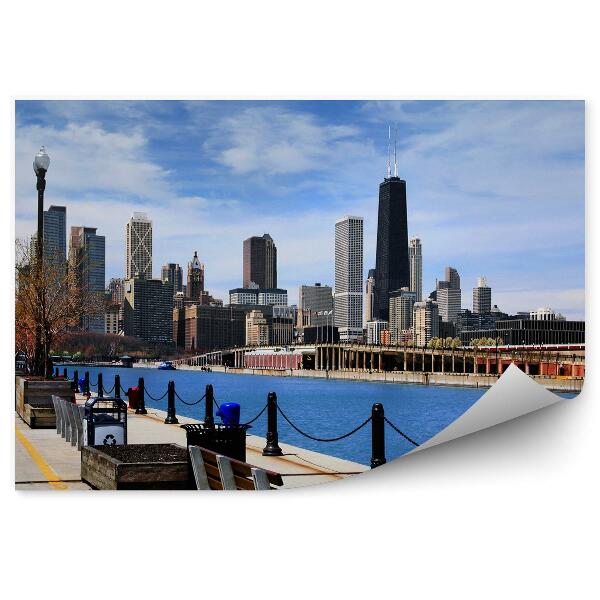 Fototapeta Mrakodrapy Chicago lavičky prístav stromy mraky rieka