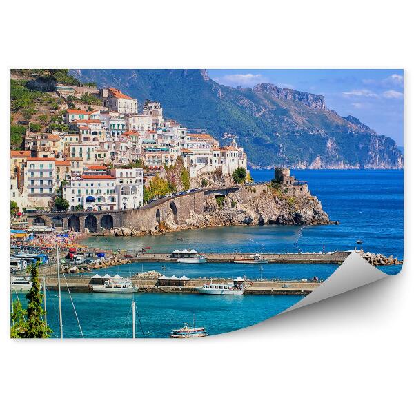 Fototapeta Pobrežie Amalfi budovy more hory mraky stromy jachty Neapol