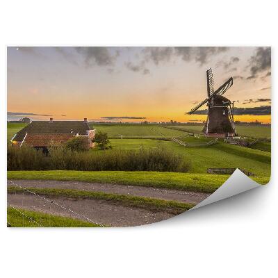 Fototapeta na stenu Drevený veterný mlyn pole tráva západ slnka