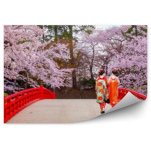 Fototapeta Červený Most Gejša Kimono Príroda Stromy