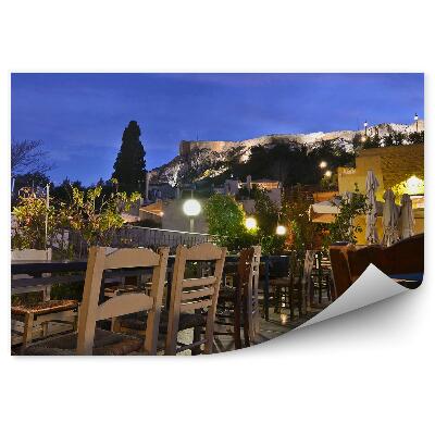 Fototapeta Tradičná Kaviareň Terasa Anafiotika Plaka Zrúcanina Domy Kvety Rastliny Stromy