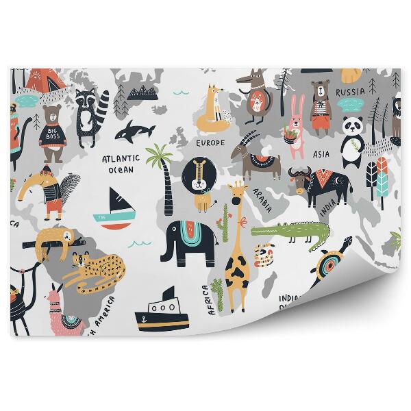 Fototapeta Mapa sveta zvieratá grafika pre deti anglické názvy