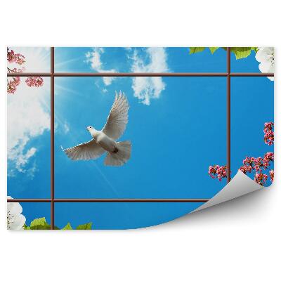 Fototapeta Okno s výhľadom na oblohu koruny stromov biela holubica