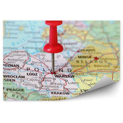 Fototapeta na stenu Mapa Poľska červený špendlík krajina
