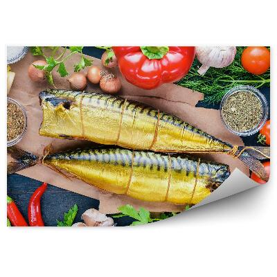 Fototapeta na stenu Údená ryba doska zelenina olej