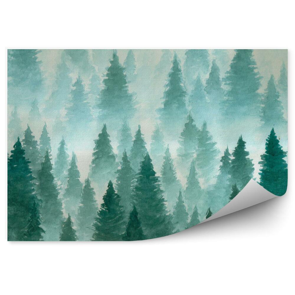 Fototapeta Ručne kreslená akvarelová ilustrácia krajina mystický ihličnatý les