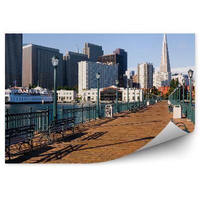 Fototapeta Mrakodrapy Most Trajekt Lavičky Lampy Oceán Obloha