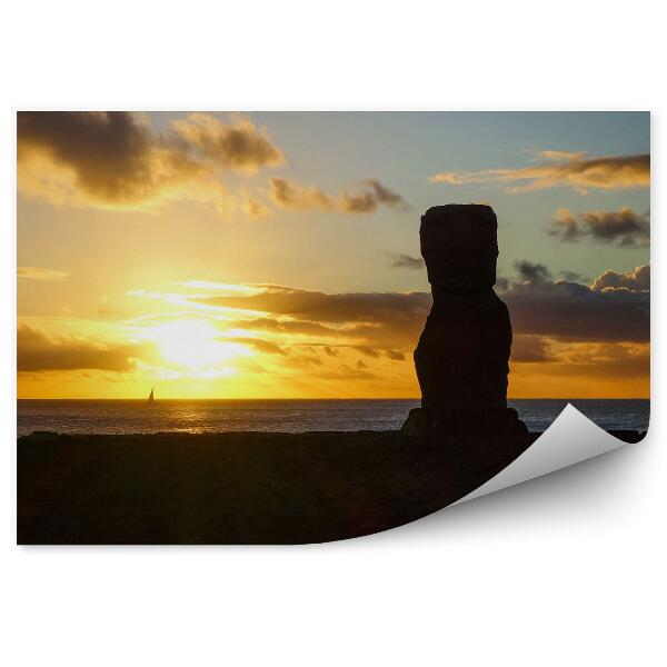 Fototapeta Západ Slnka Oceán Lode Socha Moai Veľkonočný Ostrov