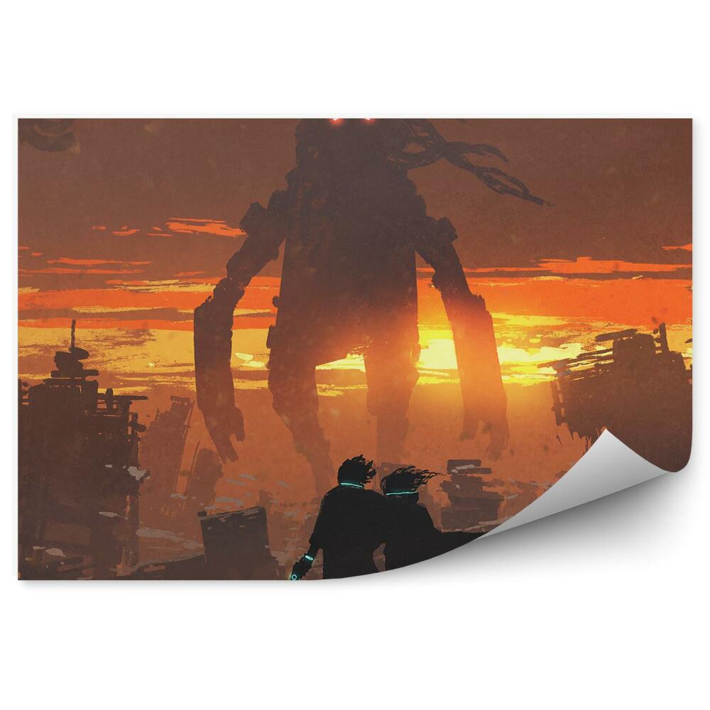 Fototapeta Obrovský robot pár zbraní ruiny mesta
