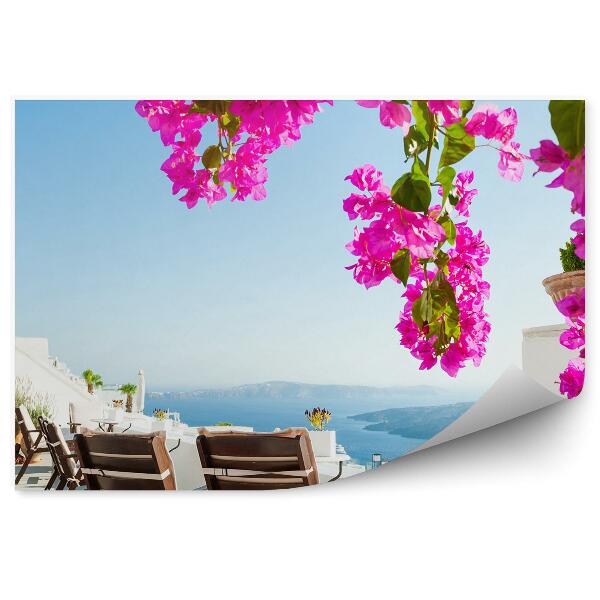 Fototapeta Krásna Terasa Kvety Pohľad Na Ostrov Santorini