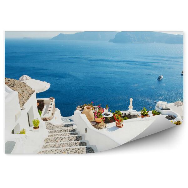 Fototapeta Biela architektúra schody ostrov jachty kvety Santorini Grécko