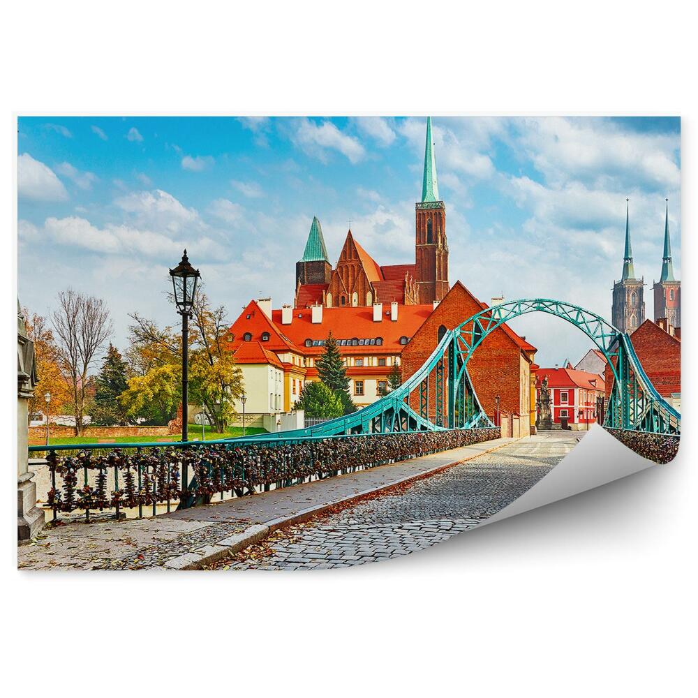 Fototapeta Ostrów Tumski Vroclav most visacie zámky katedrála sochy chodník noc