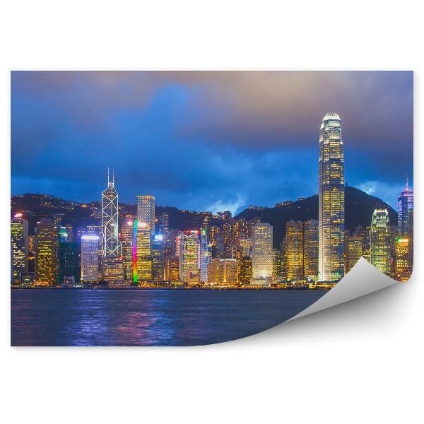 Fototapeta Panoramatický pohľad mrakodrapy svetlá oceán hory svetlá obloha mraky hongkong čína