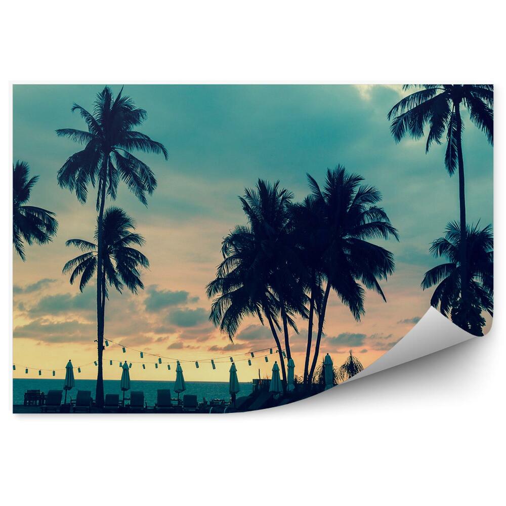 Fototapeta Palmy na pláži voda v bazéne ležadlá večer