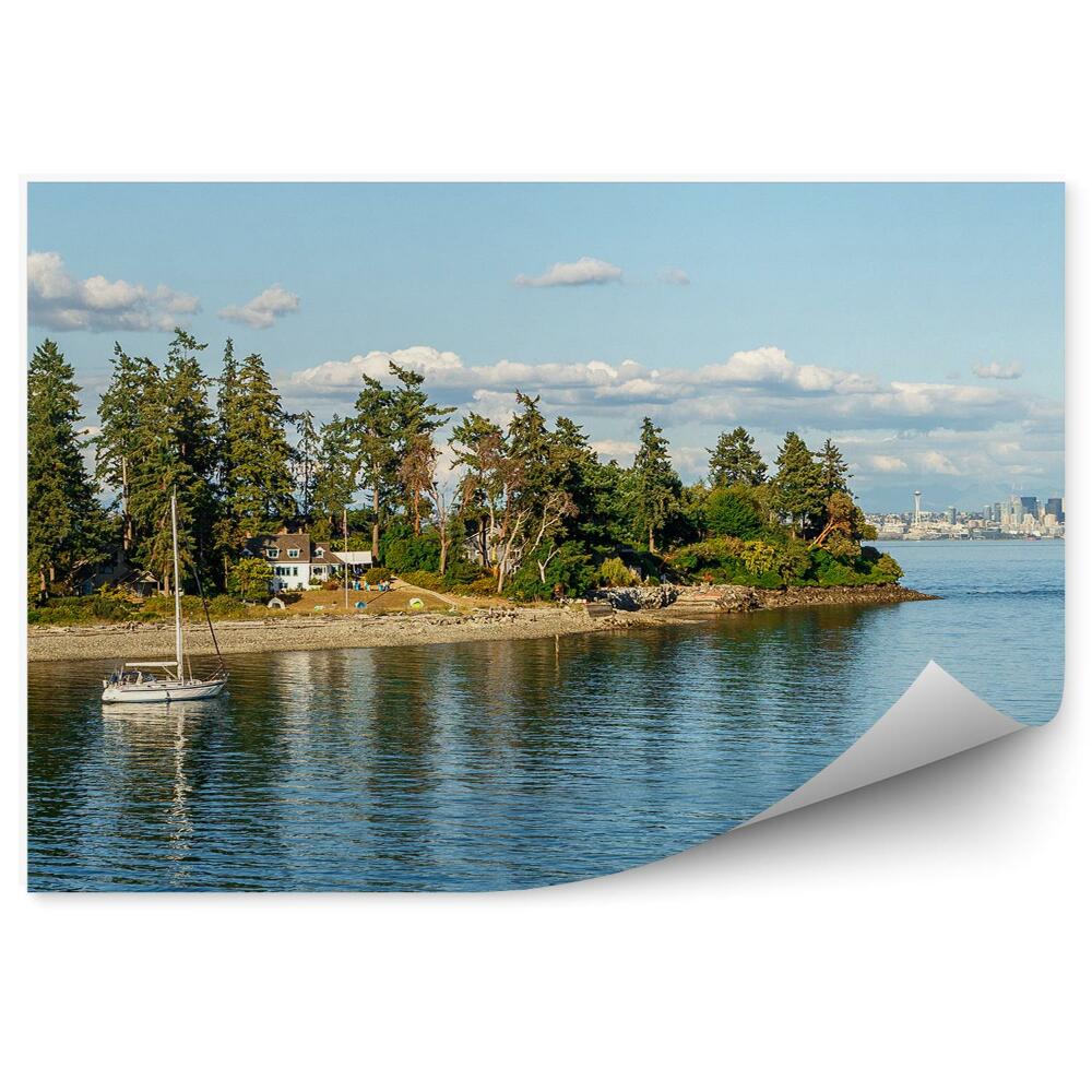 Fototapeta na stenu Panoráma Seattle Ihličnaté Stromy Budovy Jachty Veža Budovy More Nebo Mraky