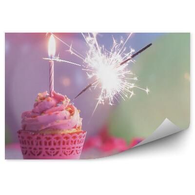 Fototapeta na stenu Ružový narodeninový cupcake studený oheň sviečka farebné posýpky