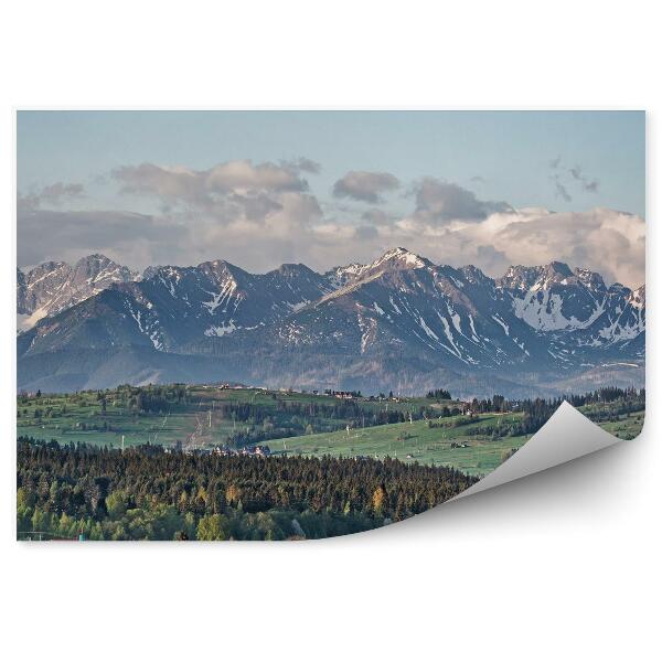 Fototapeta hory ihličnaté stromy sneh chaty obloha mraky tatry