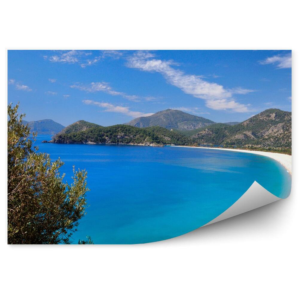 Fototapeta na stenu Biela Pláž Hory Stromy Kríky Obloha Mraky Oceán