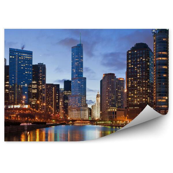 Fototapeta Chicago mrakodrapy nočné svetlá stromy rieka