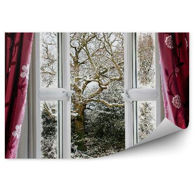Fototapeta na stenu Otvorená okenná záclona a zasnežené stromy