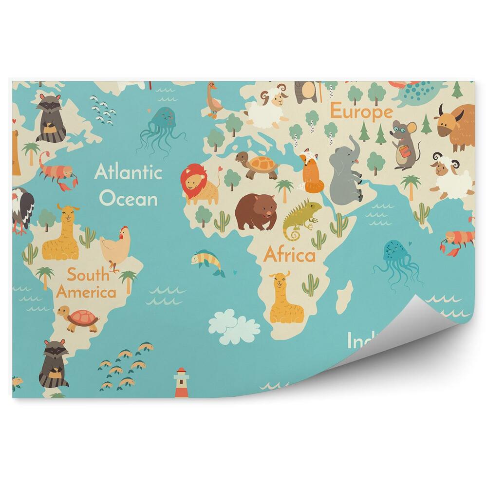 Fototapeta do detskej izby Mapa sveta zvierat voda modrá