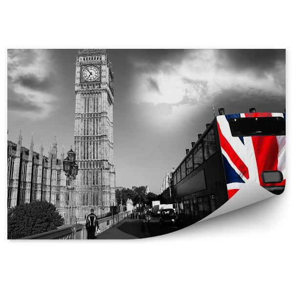 Fototapeta Čiernobiela fotografia mesto londýn autobus big ben vlajka