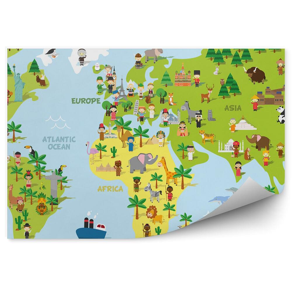 Fototapeta Mapa kontinentov sveta zvieratá ľudia modrá