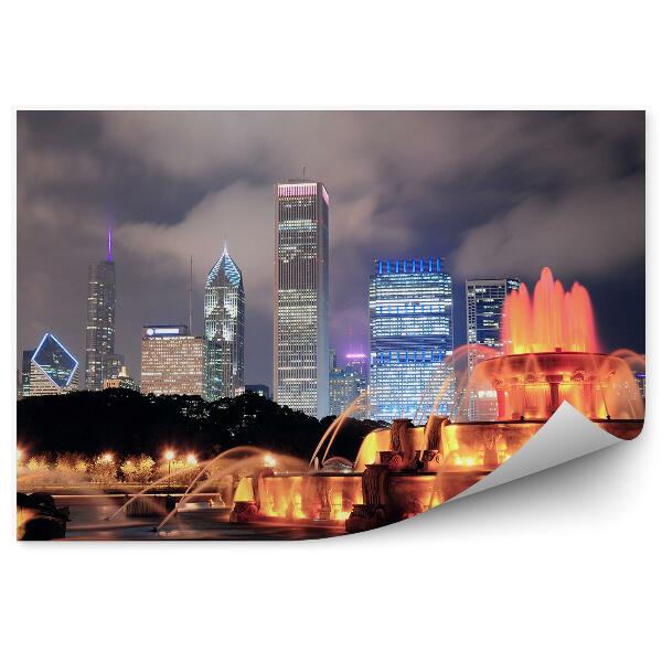 Fototapeta na stenu Farebné fontány stromy mrakodrapy svetlá noc Chicago