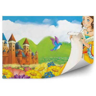 Fototapeta Princezná hrad vtáky kvety hory mraky