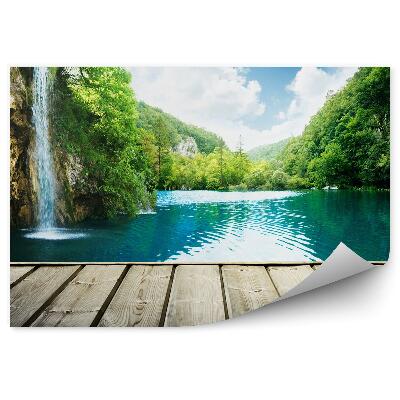 Fototapeta Vodopád Hlboký Les Chorvátsko Jazero Obloha Mraky Drevené Mólo