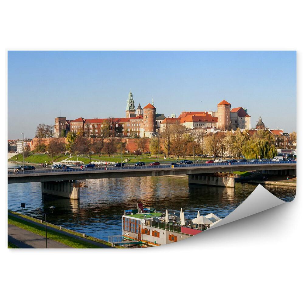Fototapeta Krakov panoráma most autá loď katedrála wawel rieka visla stromy