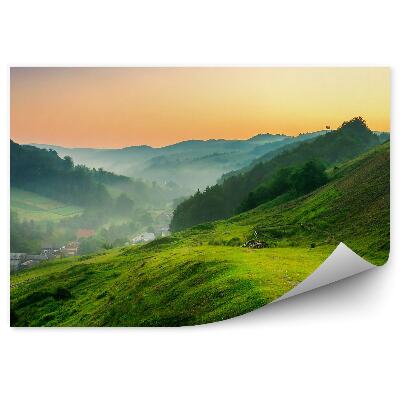 Fototapeta na stenu Východ slnka hory stromy tráva svah dedina hmla