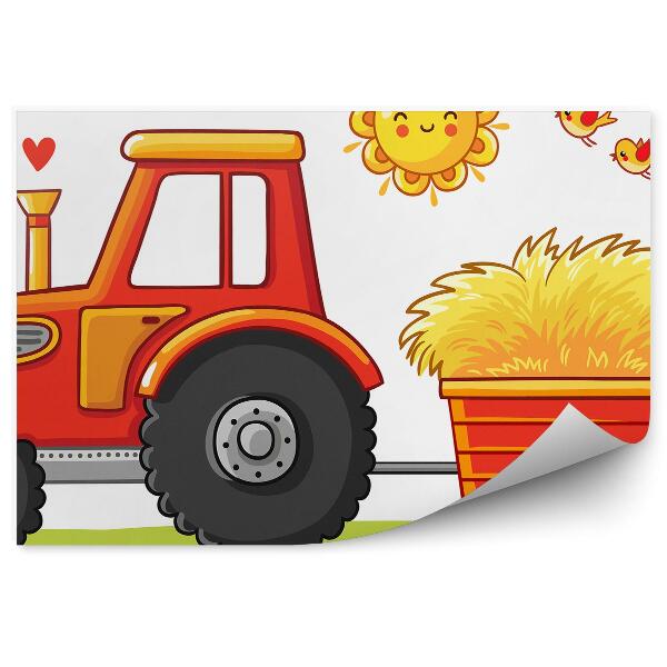 Fototapeta Roztomilý grafický traktor s prívesom slnko vtáky