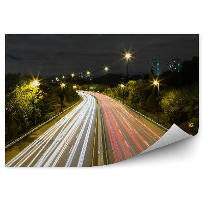 Fototapeta Linije svetlobe mimo vozečih avtomobilov noč drevesa