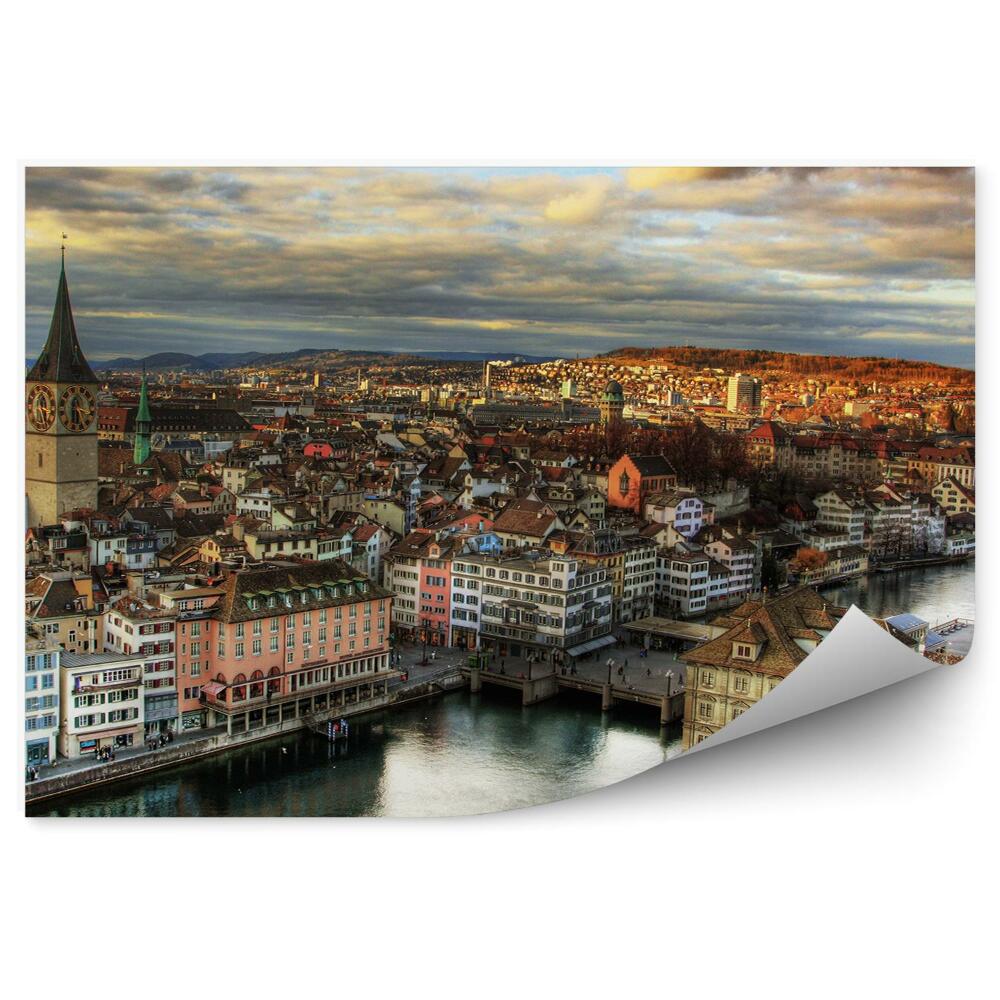 Fototapeta na stenu Panoráma mesta Zürich budovy kostol rieka obloha mraky