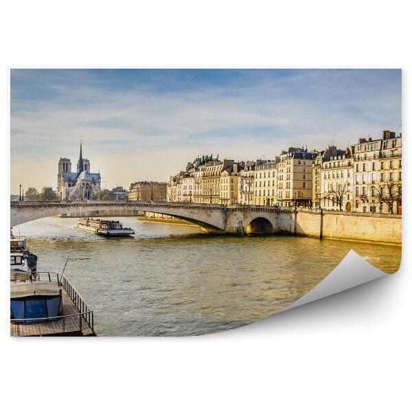 Fototapeta na stenu Budovy rieka Seina jachty stromy katedrála Notre Dame