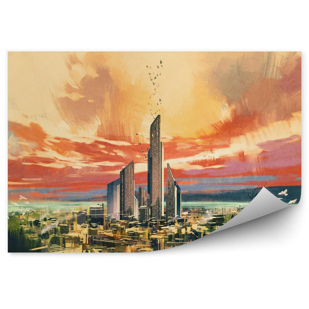 Fototapeta na stenu Mesto sci-fi stromy tráva farebná obloha