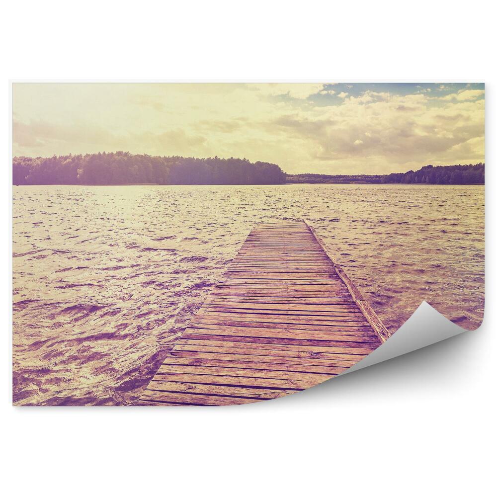 Fototapeta Mólo Jazero Stromy Tráva Obloha Mraky Západ Slnka