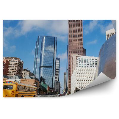 Fototapeta na stenu Mrakodrapy cesta žltý autobus obloha mraky