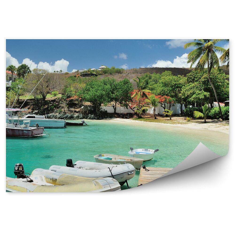 Fototapeta na stenu Majhen pomol otok zelene palme čolni