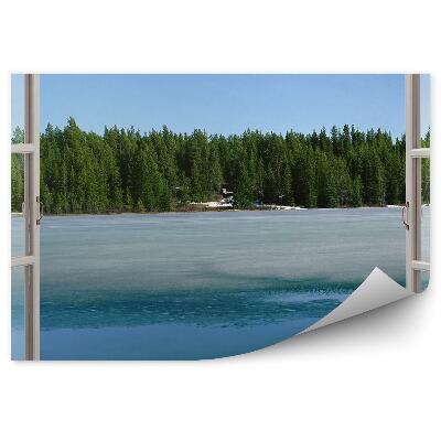 Fototapeta na stenu Otvorené okno a pohľad na zamrznuté jazero a les