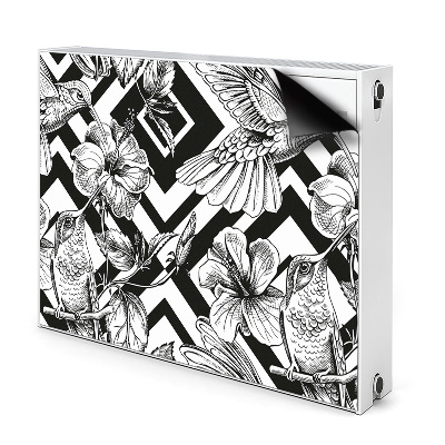 Dekoračný magnetický kryt na radiátor Čiernobiely vzor s kvetmi a vtákmi