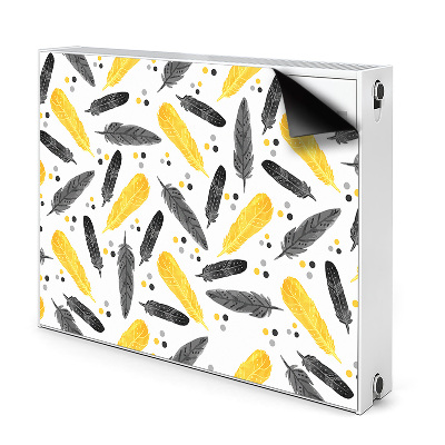 Dekoračný magnetický kryt na radiátor Žlté a sivé pierka s bodkami