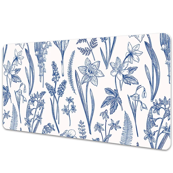 Podložka na písací stôl Modré botanické ilustrácie kvetov.